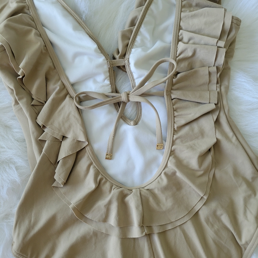 MICHAEL Michael Kors Khaki Ruffle Deep V One Piece Swimsuit 8 NWT - Picture 5 of 11
